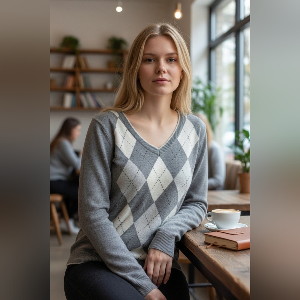 Esprit V-Neck Sweater in Gray and Cream Argyle 100% Cotton Size XL